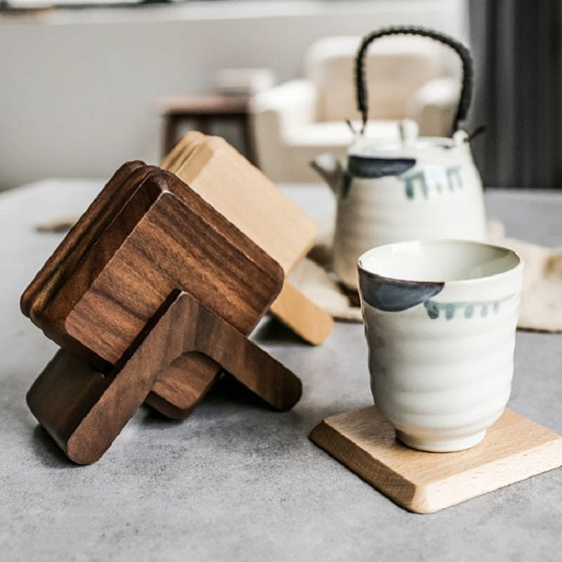 XMT Square black walnut, beech solid wood teacup cushion, 4-piece set with tripod