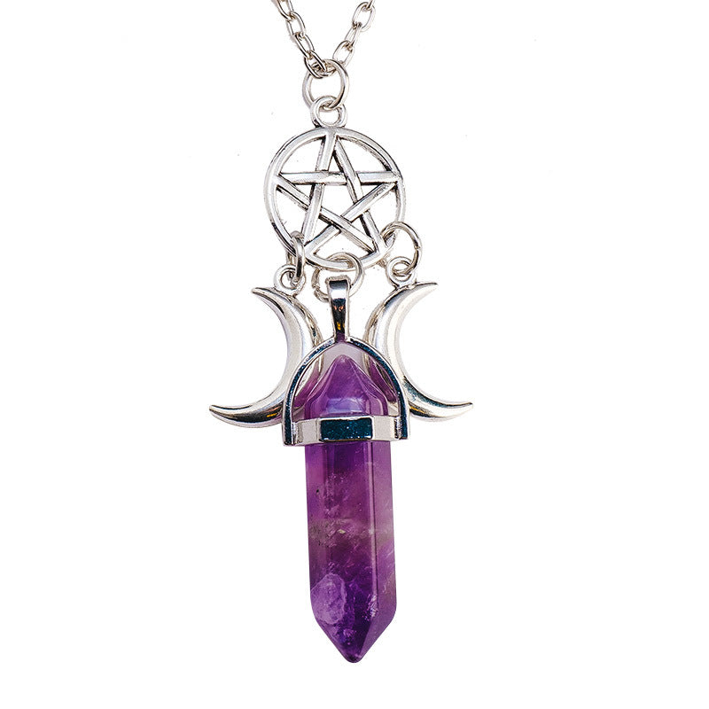 RYS Natural crystal gemstone hexagonal double pointed column pendant necklace, double moon five-pointed star necklace