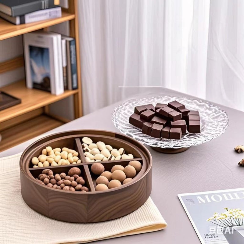 MYZD Black walnut dried fruit storage box, 4 compartments with crystal lid