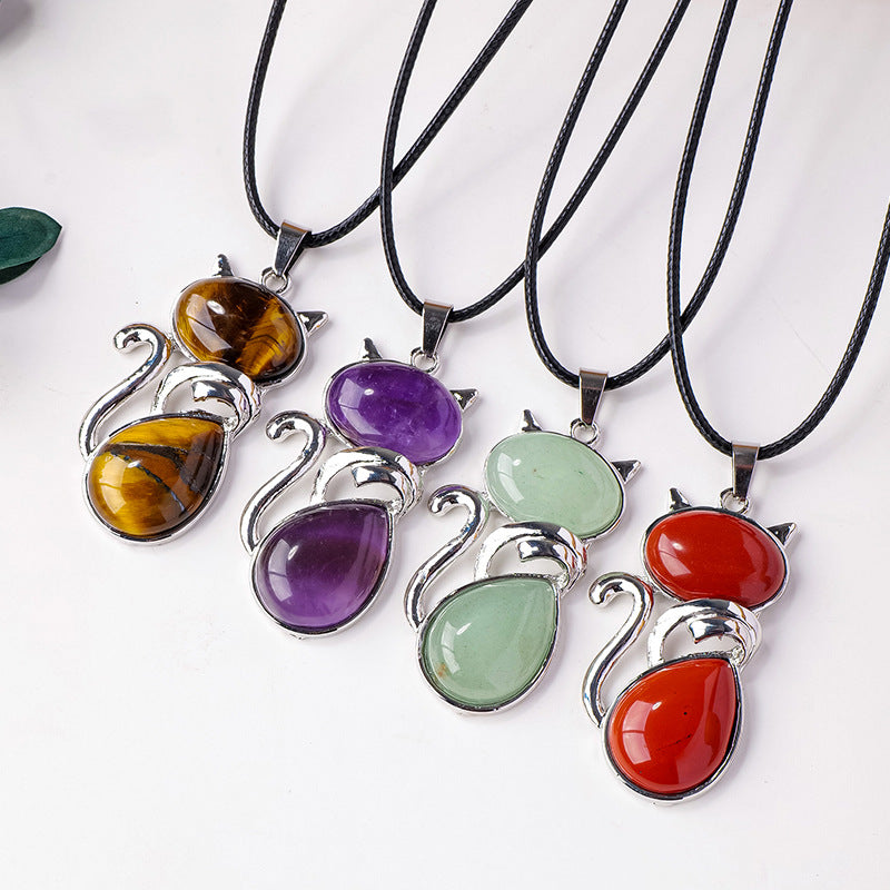 RYS Natural crystal semi-precious stone inlaid cat pendant necklace