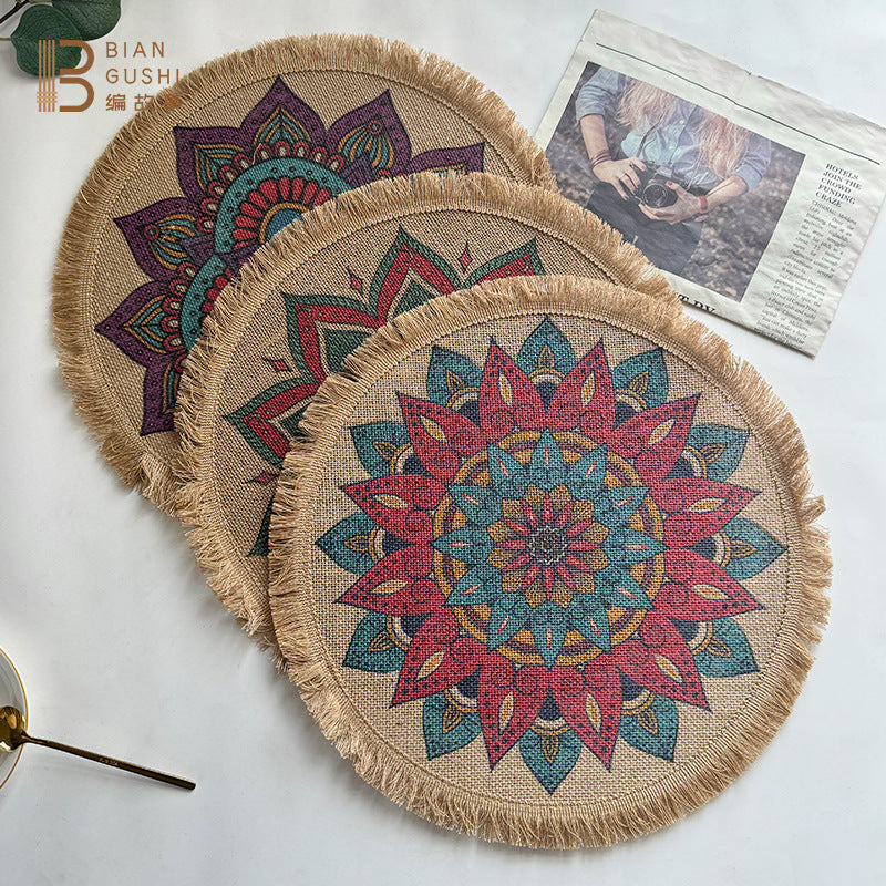 BGS Bohemian Jute Tassel Placemats, Color Printed Potholders, 40cm (15.8 inches) Diameter, 2-Pack, 4-Pack