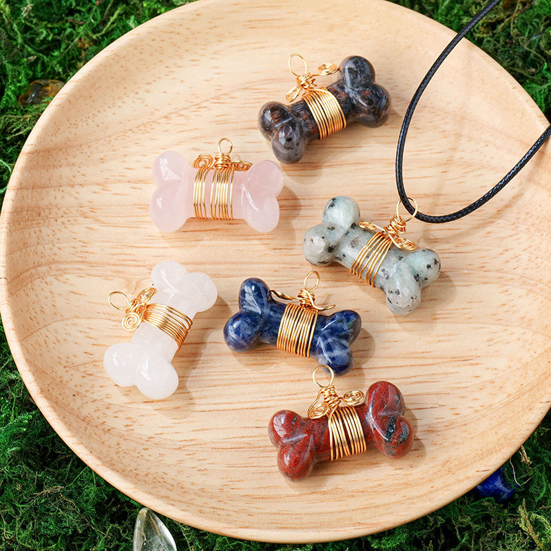 RYS Natural crystal gemstone carved dog bone necklace pendant