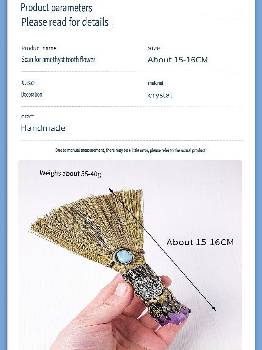 RYS A mini broom made of natural crystal, made from an amethyst tooth flower, a magical handmade broom decoration