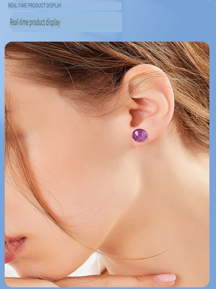 RYS S925 sterling silver natural Brazilian amethyst round bead earrings, fashionable and simple