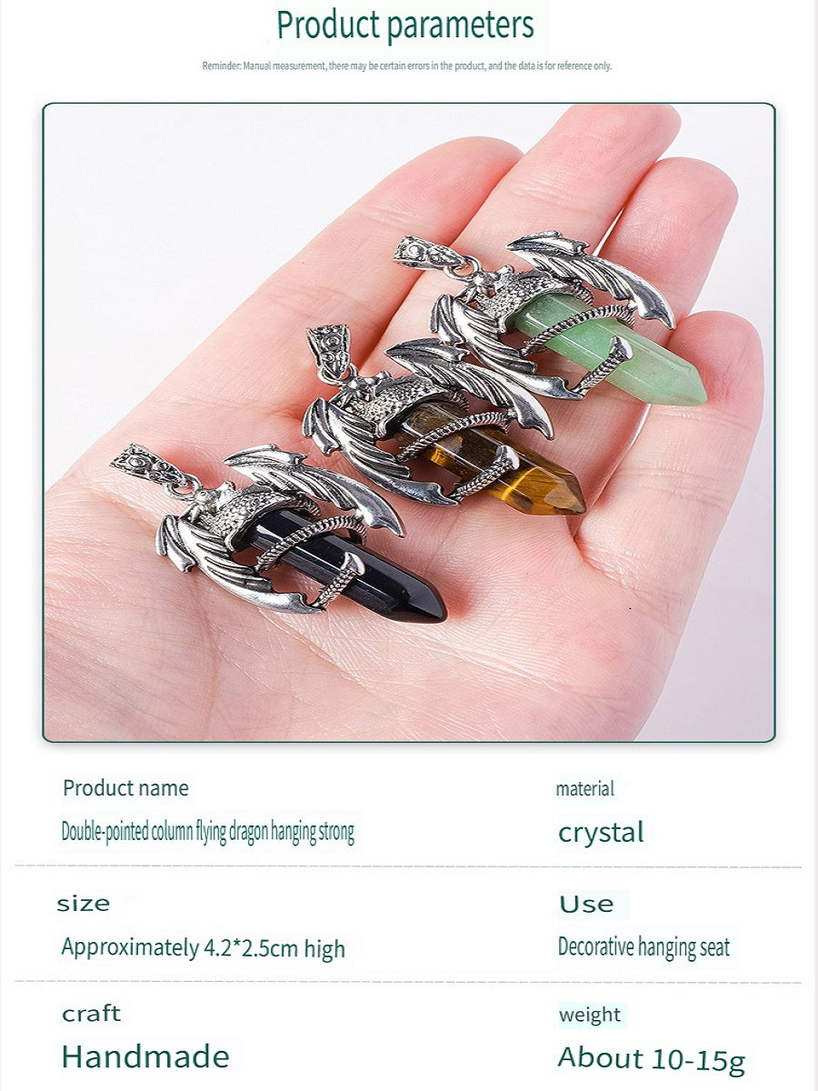 RYS Necklace with a pendant in the form of a flying dragon on one end column made of natural crystal, necklace with a hexagonal crystal column