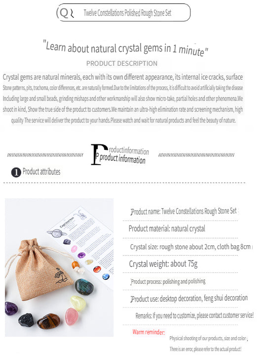 RYS Natural crystal cloth bag with rough stone, set of twelve constellations, handmade ore sample, gift for children