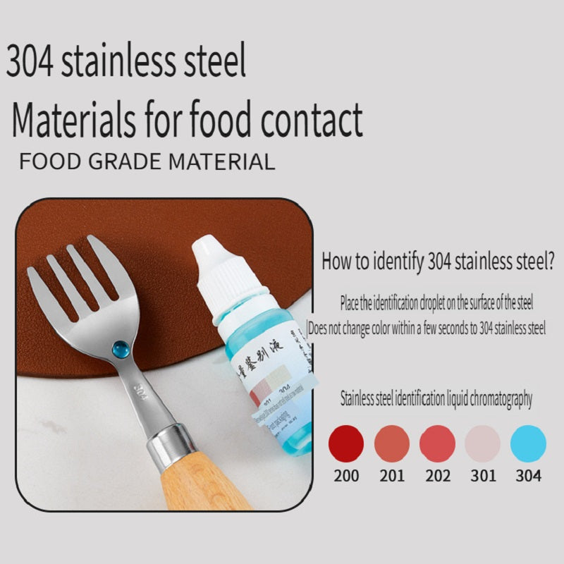 HOMGED 304 stainless steel beech handle children's spoon and fork set, original steel color and gold，can stand upright