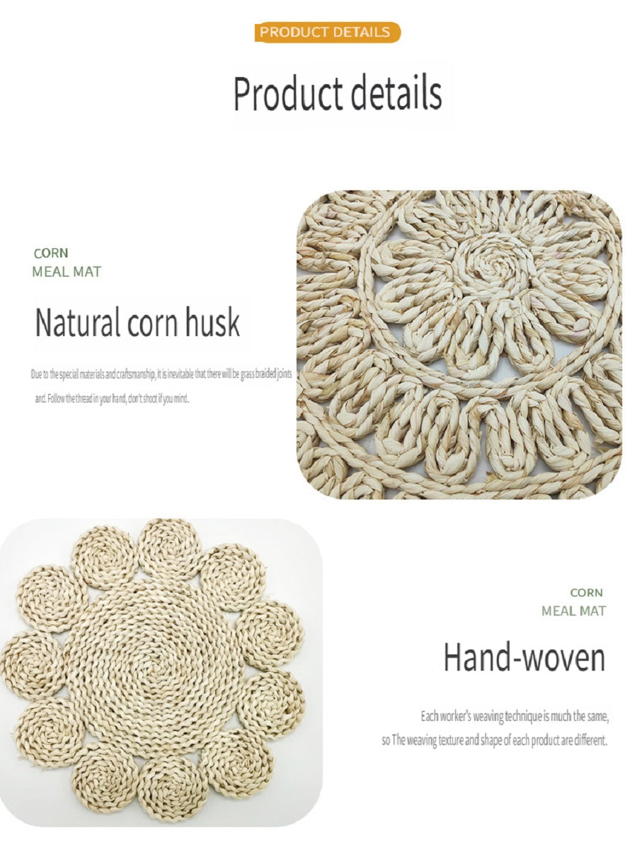 BGS corn fur woven placemat, creative flower-shaped woven heat insulation pad, diameter 9.8/11.8/13/15 inches, 9 styles