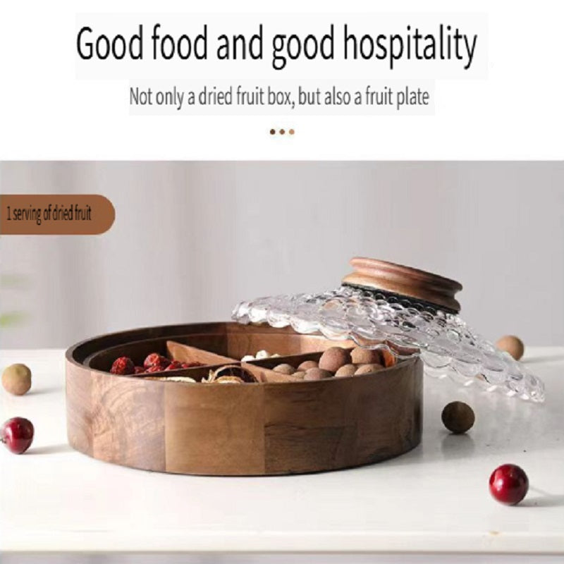MYZD Black walnut dried fruit storage box, 4 compartments with crystal lid