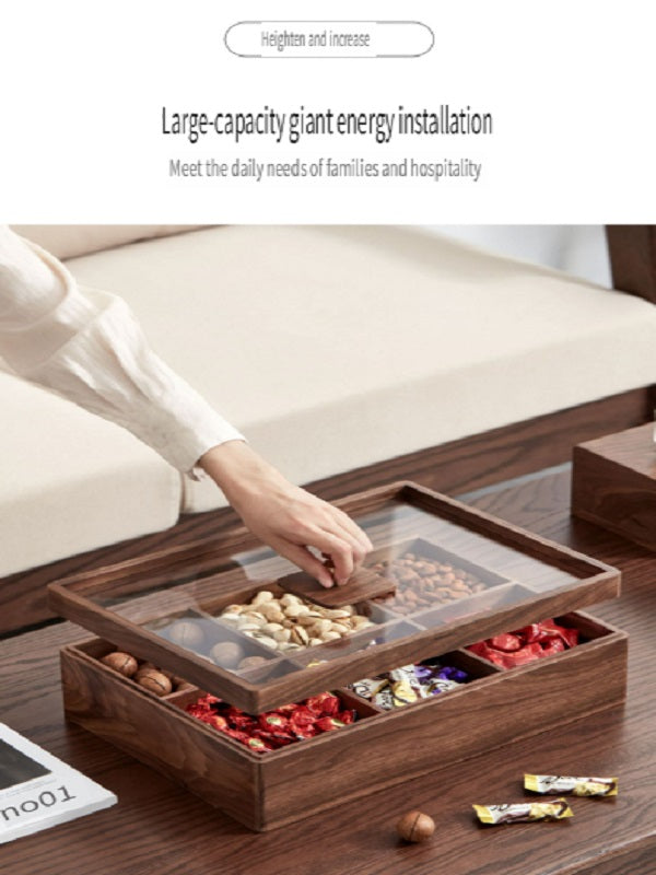 MYZD Black walnut six-compartment double-layer dried fruit box with transparent acrylic lid, sealed against moisture and dust