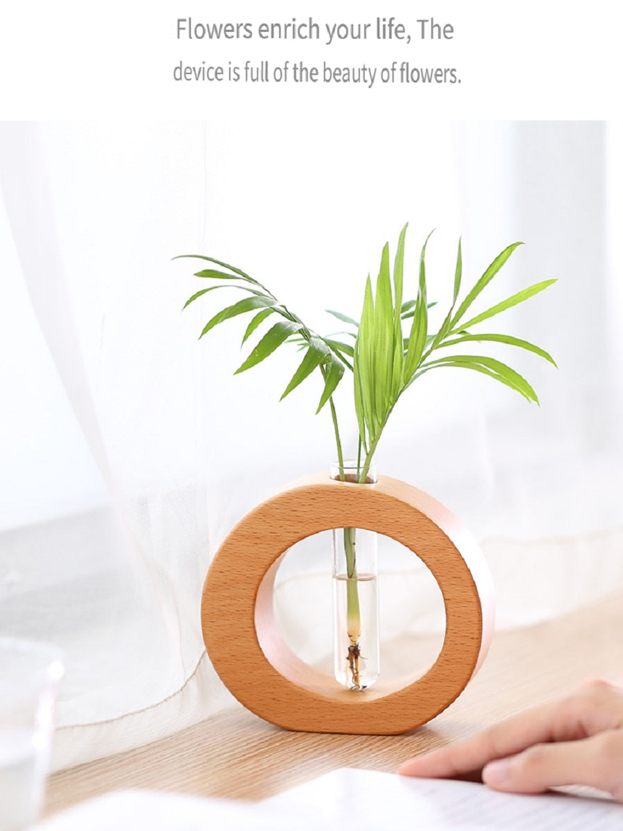 XMT Wooden vase creative home desktop decoration, with transparent glass test tube, hydroponic plant flower arrangement, simple pastoral style