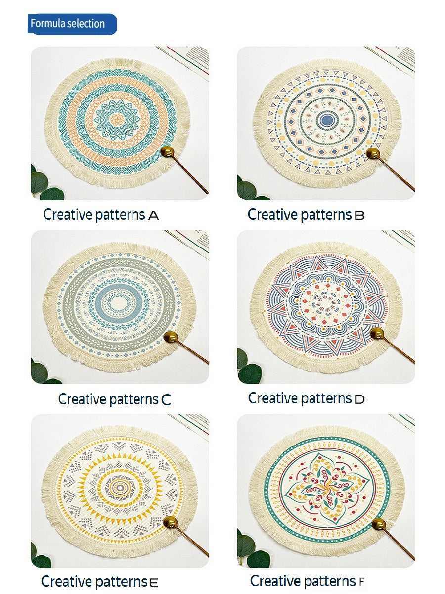 BGS hand-woven Bohemian cotton placemat with tassels, Nordic fabric woven round cushion，diameter 16/34 cm (6.3/13.4 inches)