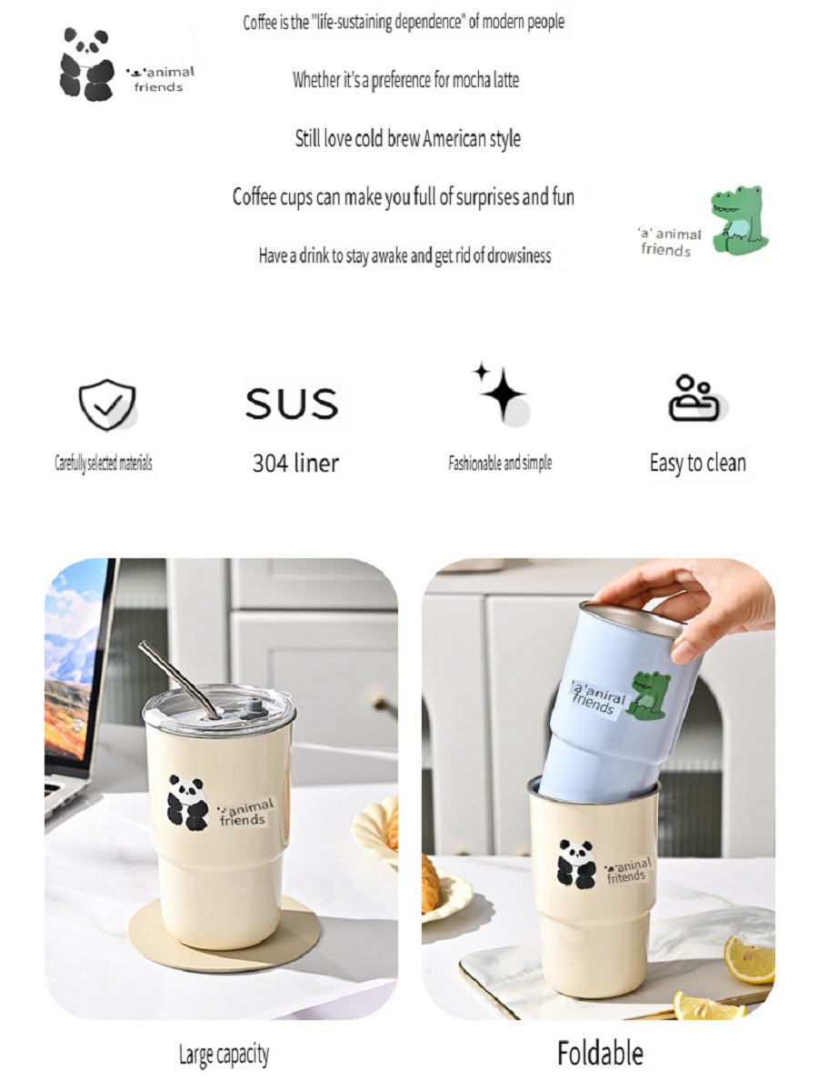 HGD 304 stainless steel coffee cup, cartoon pattern, with straw