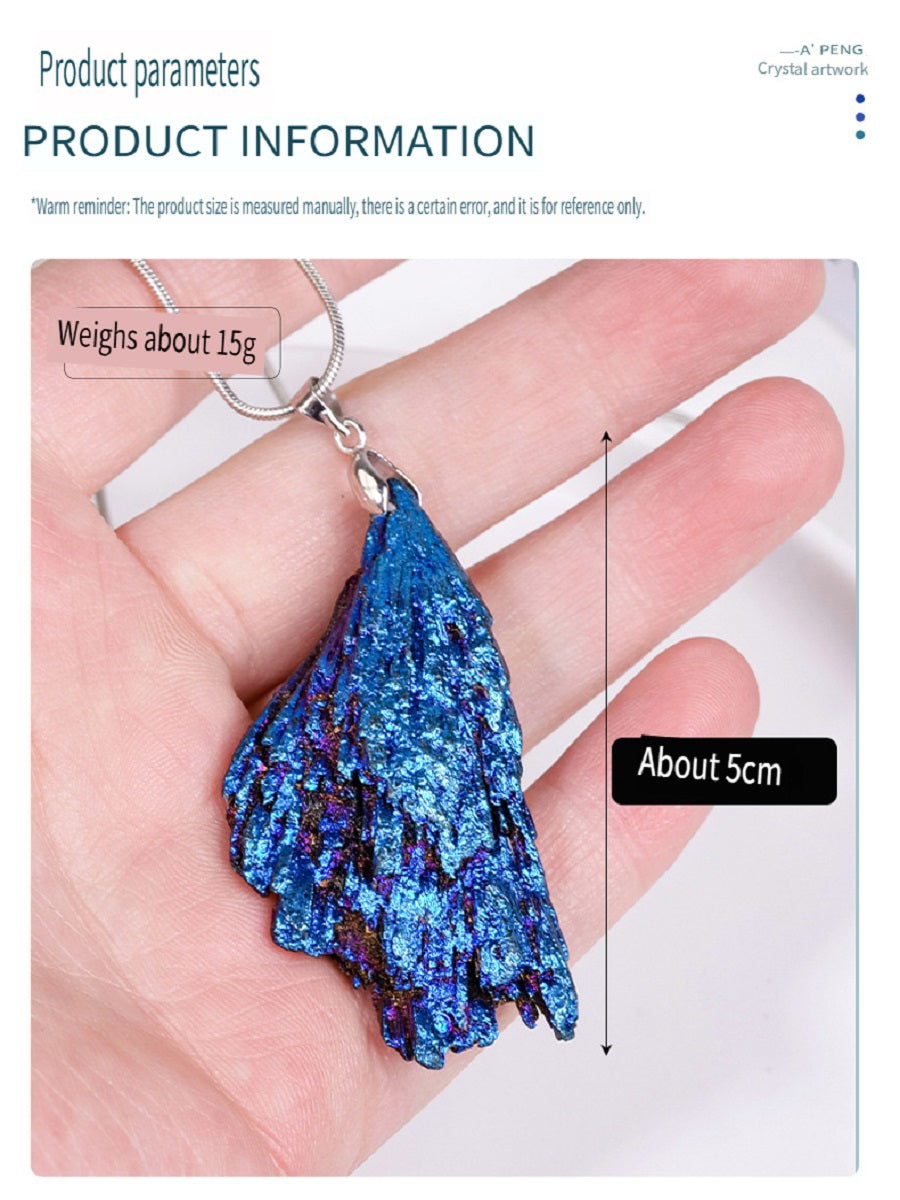 RYS Natural electroplated black tourmaline pendant necklace, tourmaline rough ore standard blue peacock feather jewelry