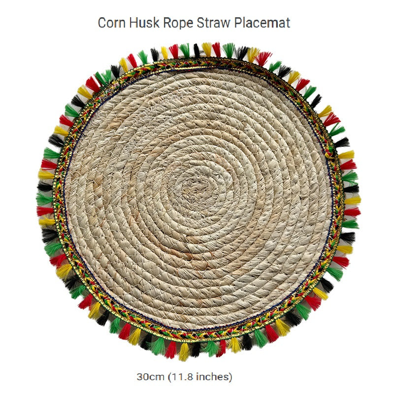 BGS Country Style Handwoven Corn Husk Insulated Placemats with Colorful Tassels, 25-35cm (9.8-13.8in) Diameter, 2-Pack