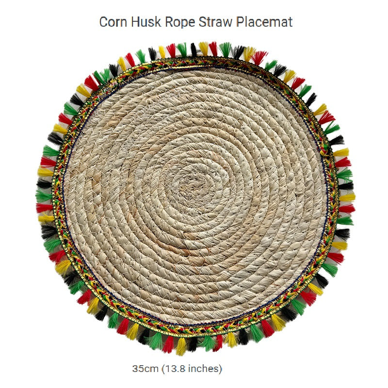 BGS Country Style Handwoven Corn Husk Insulated Placemats with Colorful Tassels, 25-35cm (9.8-13.8in) Diameter, 2-Pack