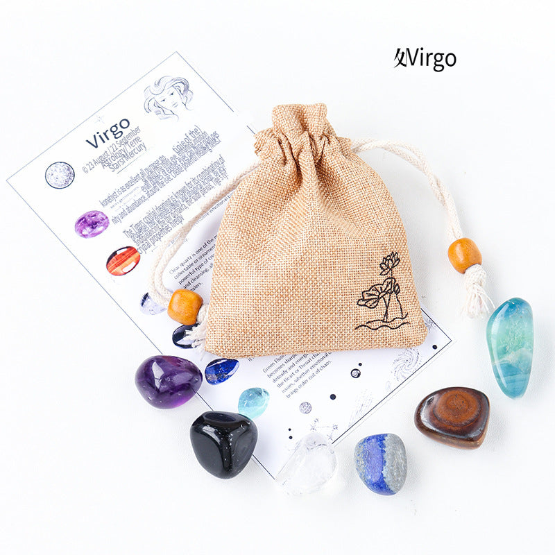 RYS Natural crystal cloth bag with rough stone, set of twelve constellations, handmade ore sample, gift for children