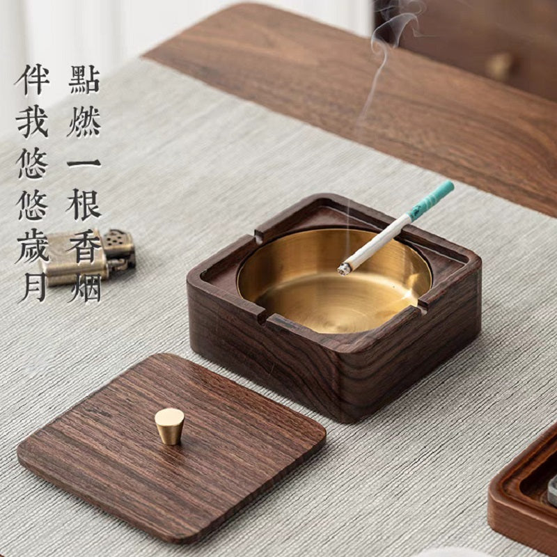 YZBZ Walnut ashtray with lid to prevent fly ash, stainless steel gold-plated liner, suitable for home and office