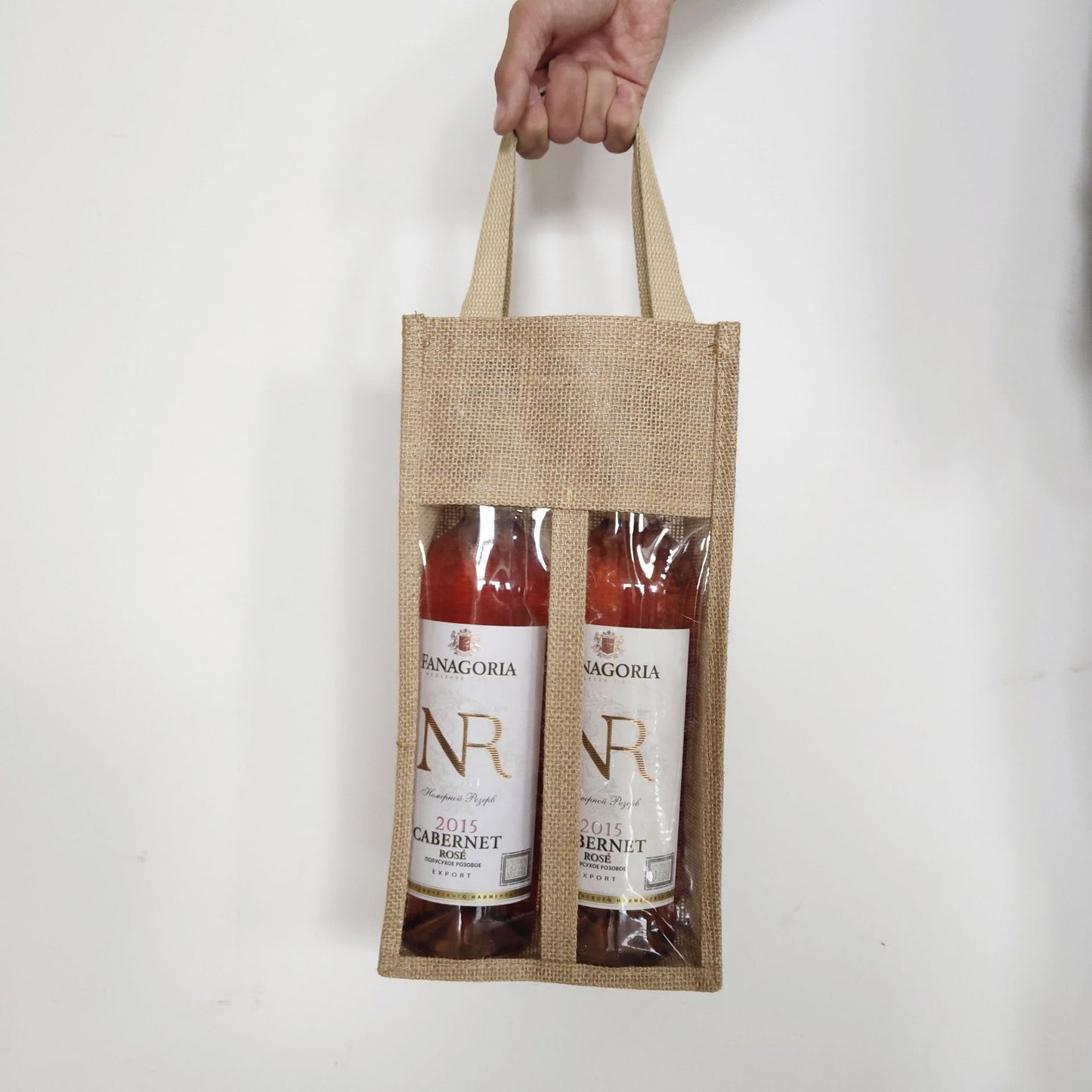 BGS Nordic style jute wine bag with transparent film on the front