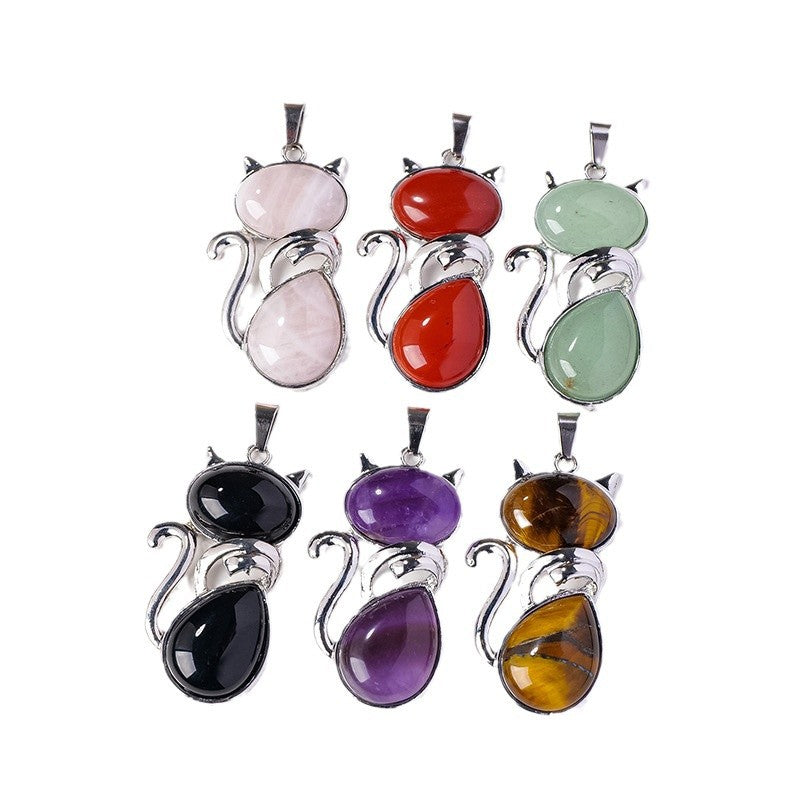 RYS Natural crystal semi-precious stone inlaid cat pendant necklace