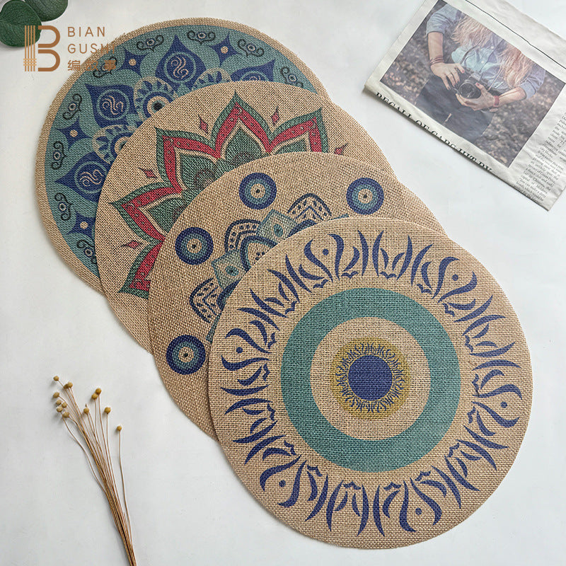 BGS Bohemian Jute Tassel Placemats, Color Printed Potholders, 40cm (15.8 inches) Diameter, 2-Pack, 4-Pack