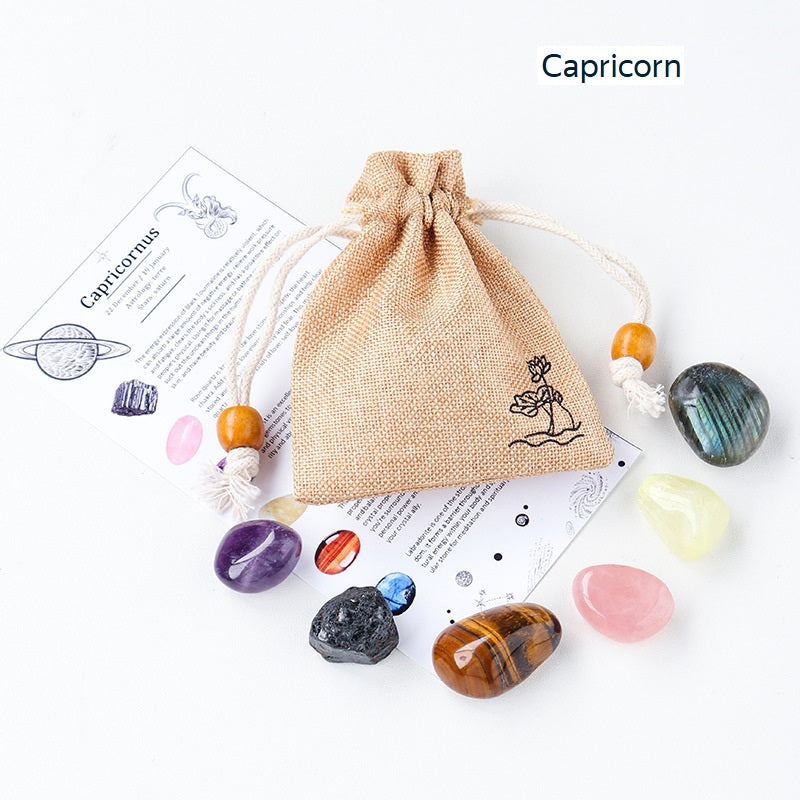RYS Natural crystal cloth bag with rough stone, set of twelve constellations, handmade ore sample, gift for children