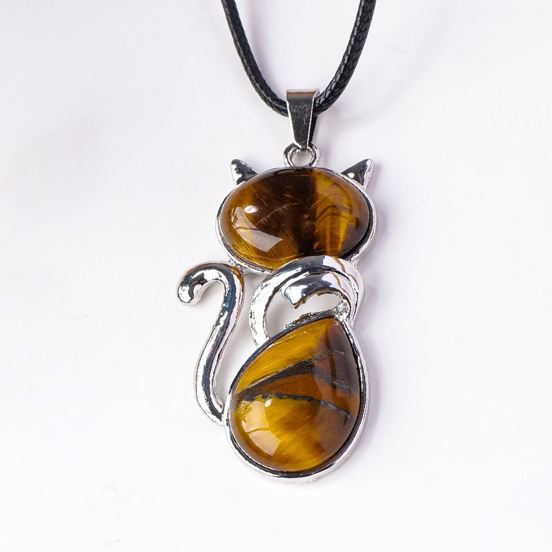RYS Natural crystal semi-precious stone inlaid cat pendant necklace