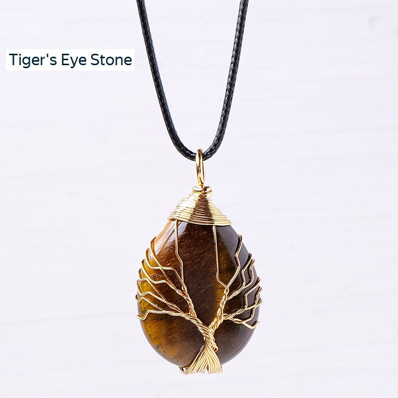 RYS Tree of Life water drop wrapped silk Pendant, hand-woven natural crystal energy stone necklace