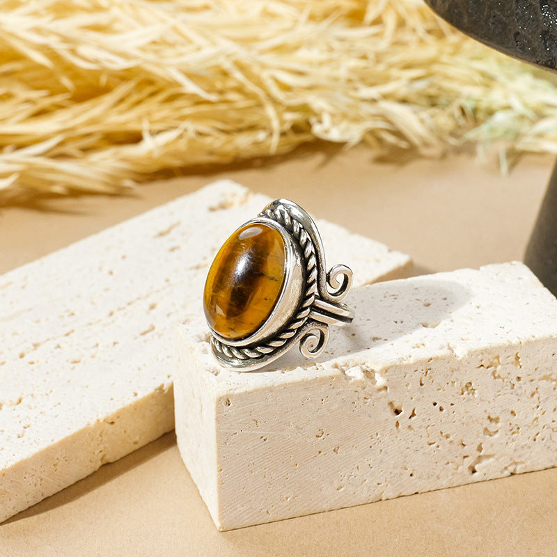 APENG European and American retro style natural crystal gemstone rough stone ring, polished surface, adjustable size