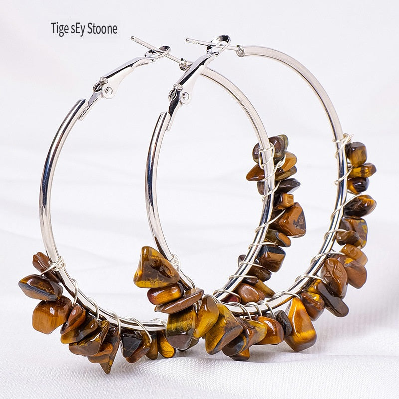 RYS Natural crystal gravel earrings, hand-wound, fashionable and versatile round earrings