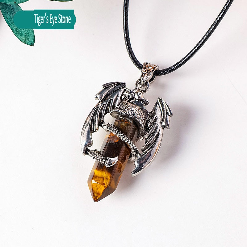 RYS Necklace with a pendant in the form of a flying dragon on one end column made of natural crystal, necklace with a hexagonal crystal column