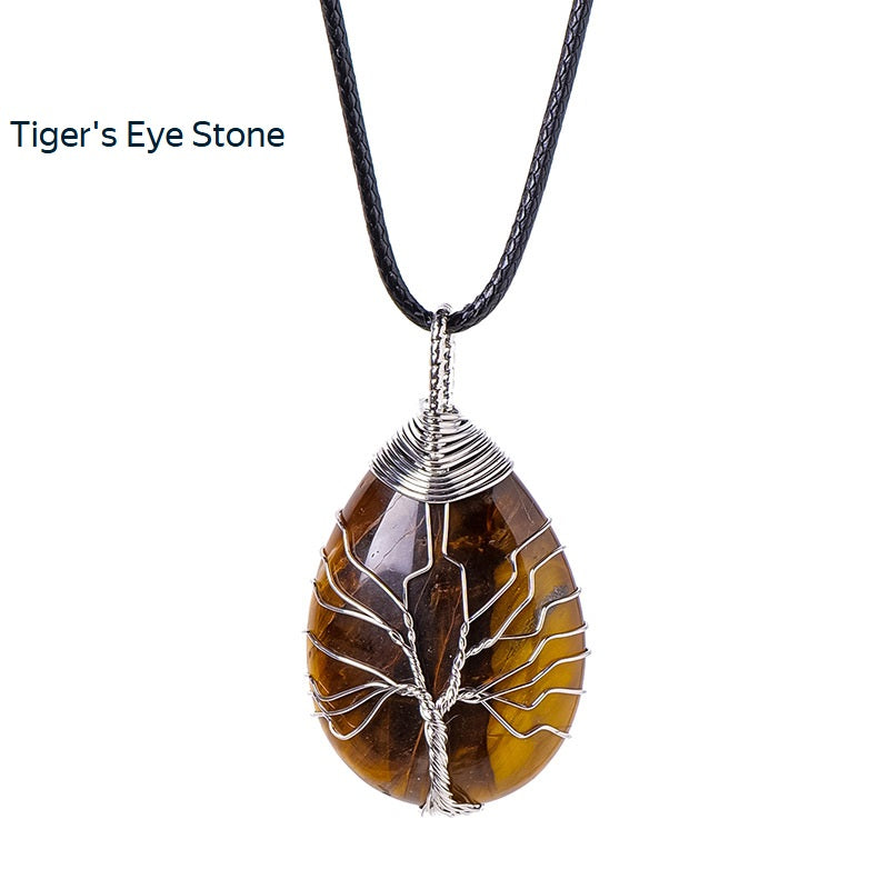 RYS Tree of Life water drop wrapped silk Pendant, hand-woven natural crystal energy stone necklace