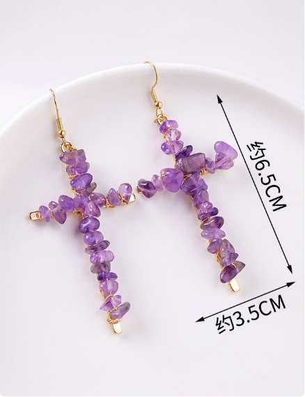 RYS Cross-shaped earrings with natural crystal gravel, handmade, simple women's ear hooks