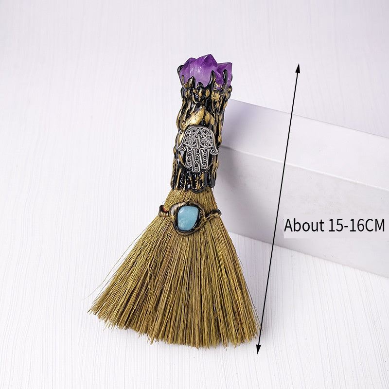 RYS A mini broom made of natural crystal, made from an amethyst tooth flower, a magical handmade broom decoration