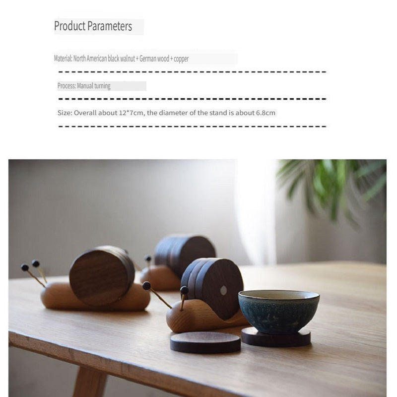 MYZD Black walnut/beech wood cartoon snail creative tea coasters, 5 pieces