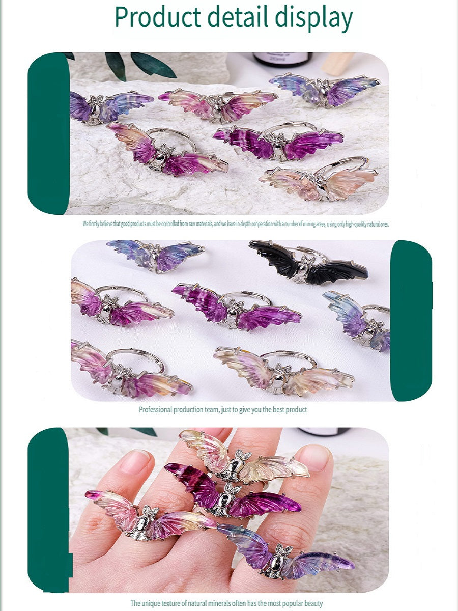 APENG Natural obsidian bat ring, adjustable size, Halloween crystal jewelry