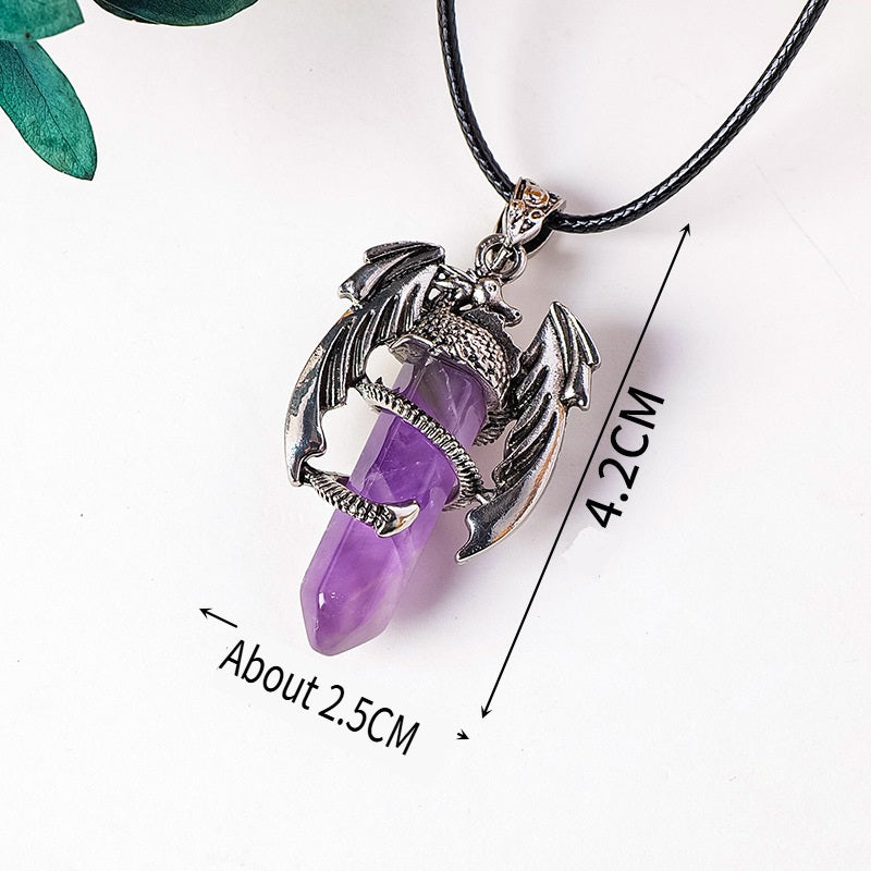 RYS Necklace with a pendant in the form of a flying dragon on one end column made of natural crystal, necklace with a hexagonal crystal column