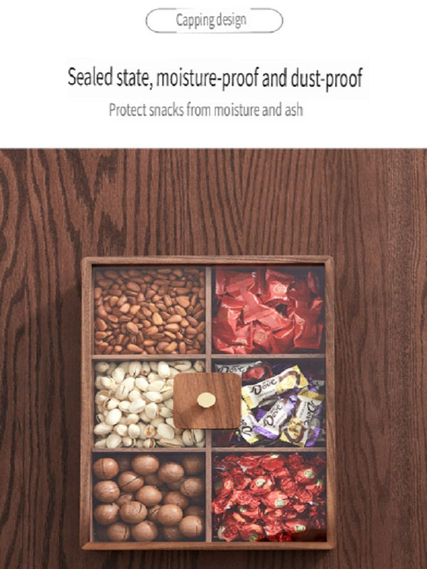 MYZD Black walnut six-compartment double-layer dried fruit box with transparent acrylic lid, sealed against moisture and dust