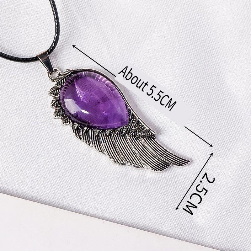RYS Natural crystal gemstone rough Angel Wing Pendant necklace, retro crystal crafts