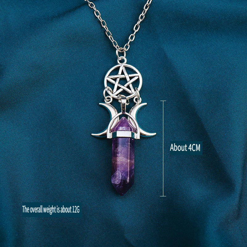 RYS Natural crystal gemstone hexagonal double pointed column pendant necklace, double moon five-pointed star necklace