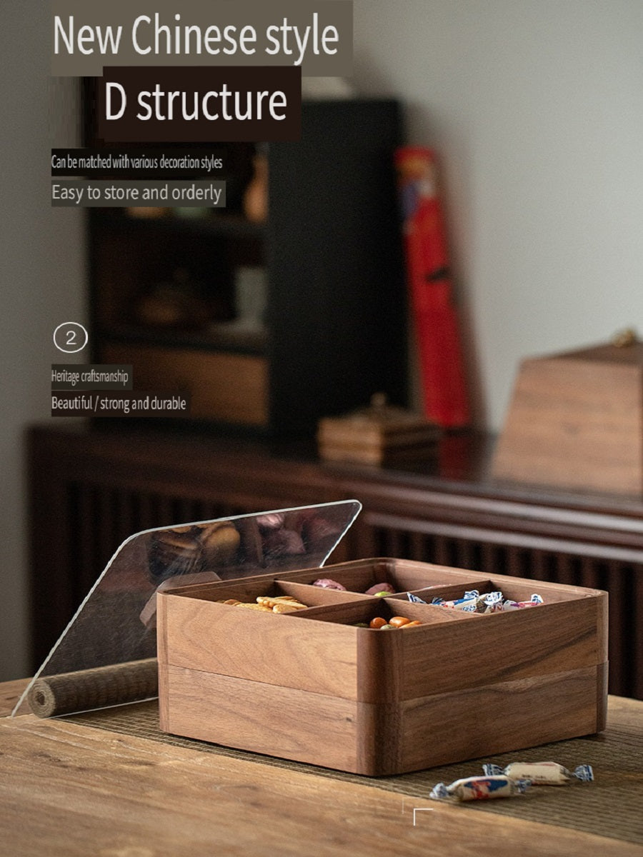 MYZD Black walnut 4-compartment dried fruit box, retro, simple, moisture-proof