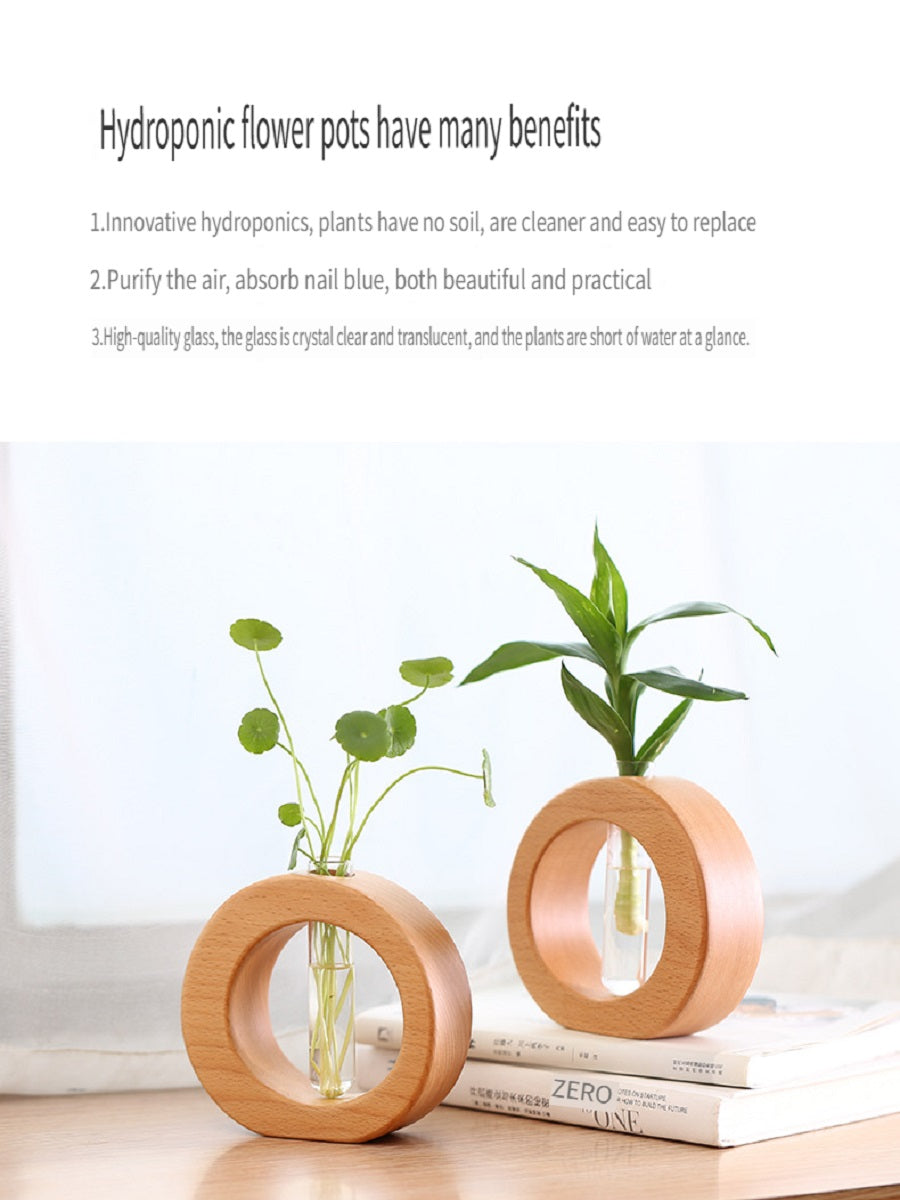 XMT Wooden vase creative home desktop decoration, with transparent glass test tube, hydroponic plant flower arrangement, simple pastoral style