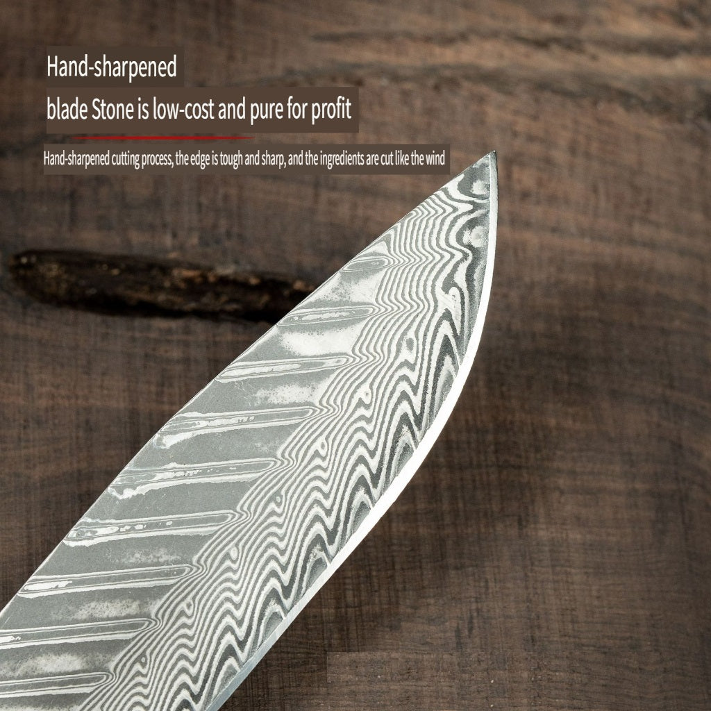 HFD Damascus steel fruit knife, hand-forged, fishbone pattern, outdoor high hardness portable knife, with leather case