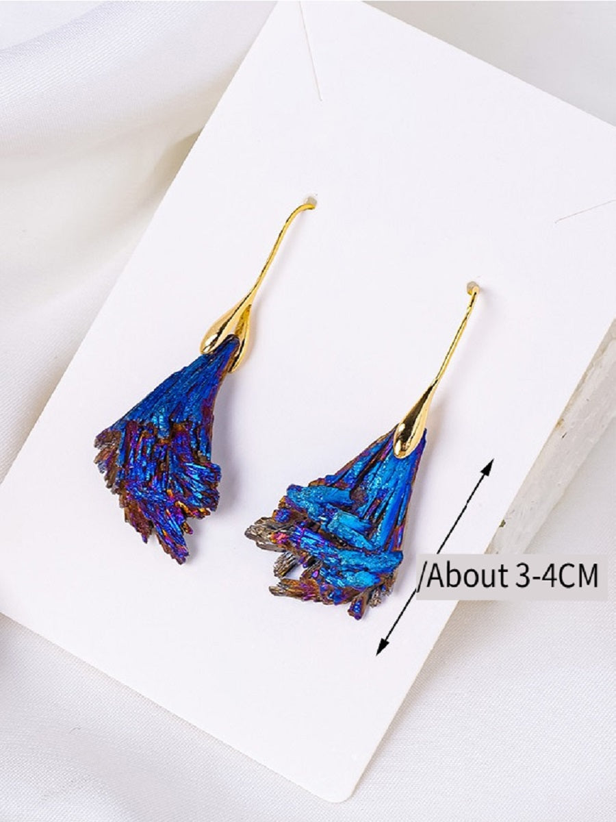 RYS Natural electroplated black tourmaline blue feather rough stone earrings, tourmaline peacock feather ear hook jewelry