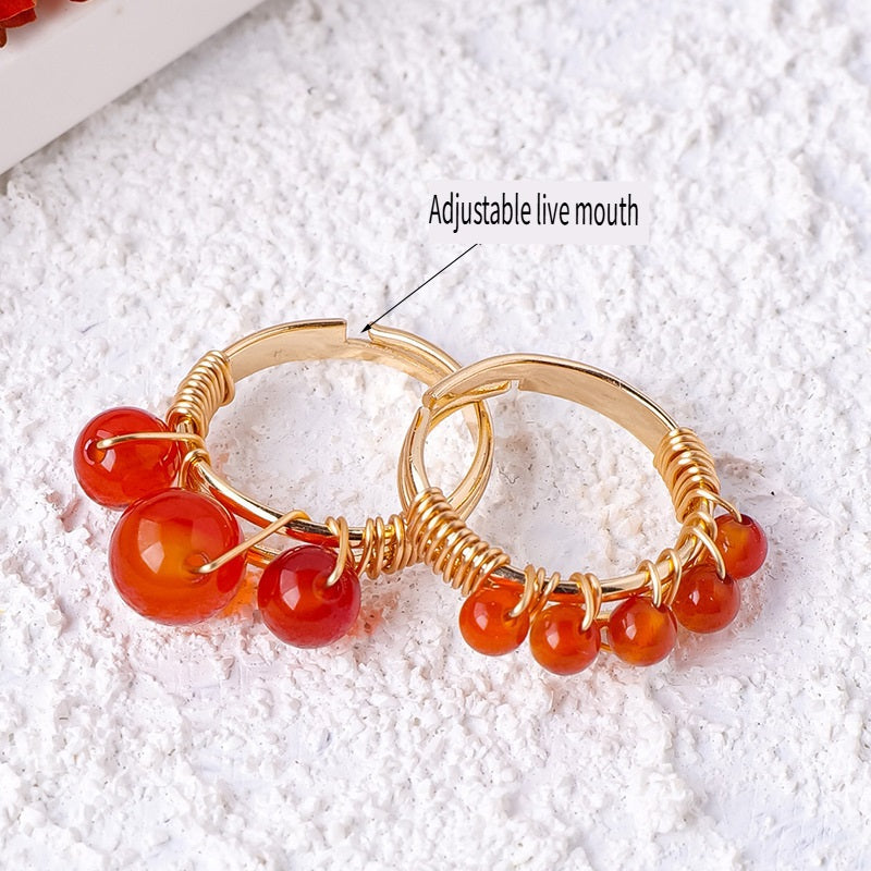 RYS Natural red agate round bead ring, hand-wound