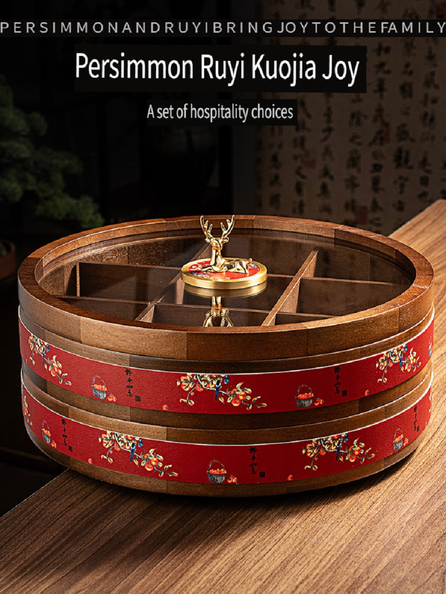 MYZD New Chinese style round dried fruit box, 360 degree rotating, made of African Okoume wood