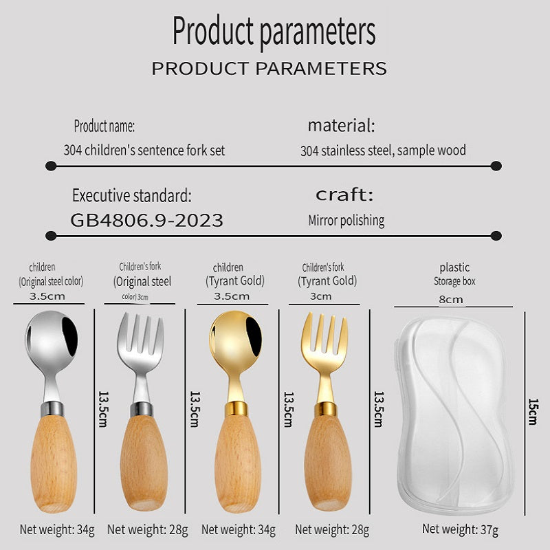 HOMGED 304 stainless steel beech handle children's spoon and fork set, original steel color and gold，can stand upright