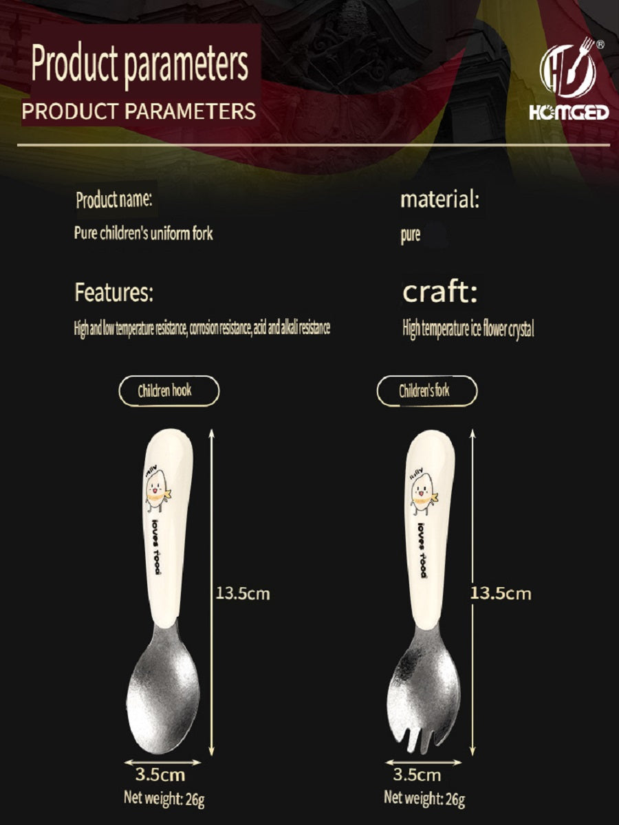 HOMGED Pure titanium children's spoon and fork tableware set, High temperature resistance and corrosion resistance, can be placed flat，suitable for eating training