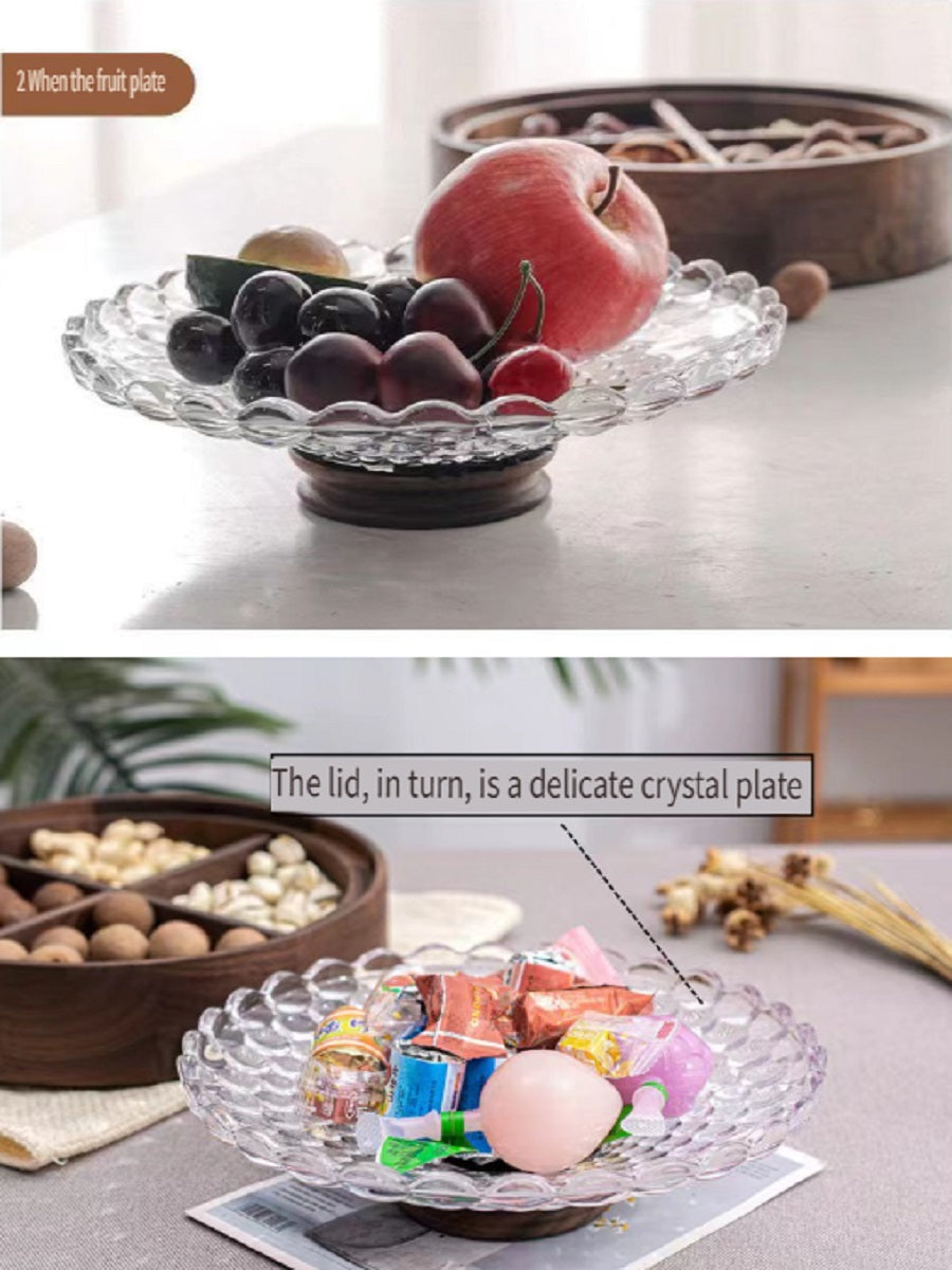 MYZD Black walnut dried fruit storage box, 4 compartments with crystal lid