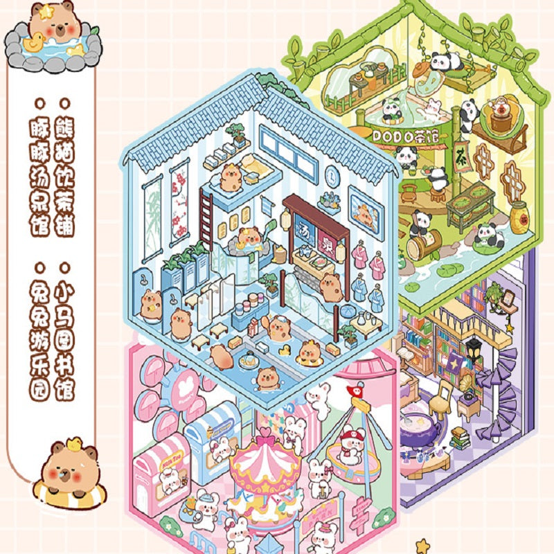 ERANC Collection of 3D three-dimensional hut miniature scene landscaping stickers, children's diy hand account educational toy stickers, 20 scenes